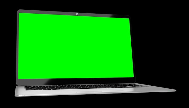 Portátil moderno con pantalla verde vacía sobre fondo negro ilustración 3D