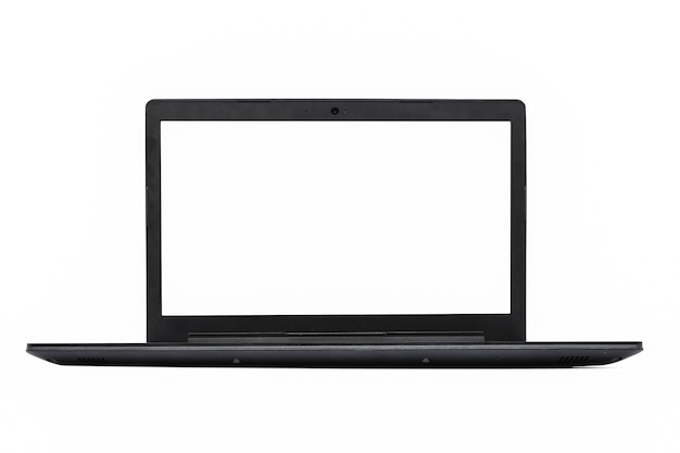 Portátil con pantalla en blanco aislado sobre fondo blanco.