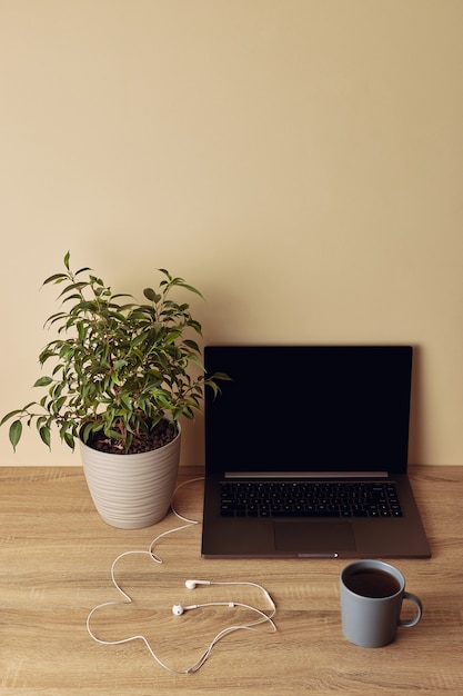 Portátil con pantalla en blanco, planta en maceta, taza y auriculares de cable blanco.