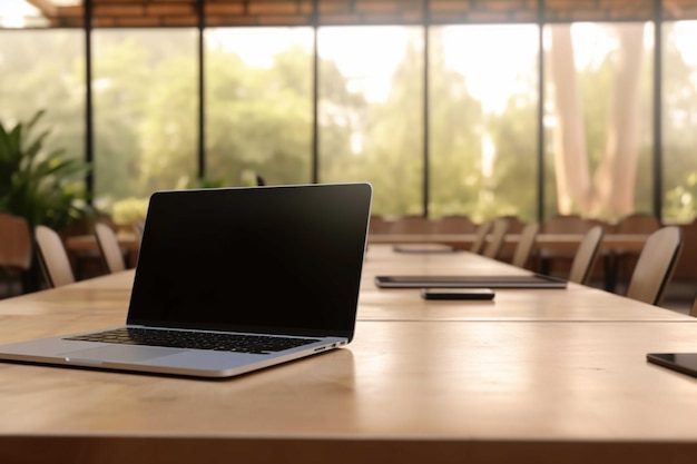 Portátil con pantalla en blanco sobre una mesa de madera en el primer plano de la sala de reuniones