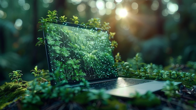 Foto un portátil con plantas verdes en la parte superior concepto de agricultura inteligente diseño de estilo de poli bajo fondo geométrico azul estructura de conexión de luz de marco de alambre gráfico 3d moderno ilustración moderna aislada