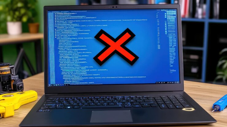 Foto un portátil que muestra un código con una superposición de símbolo de error rojo
