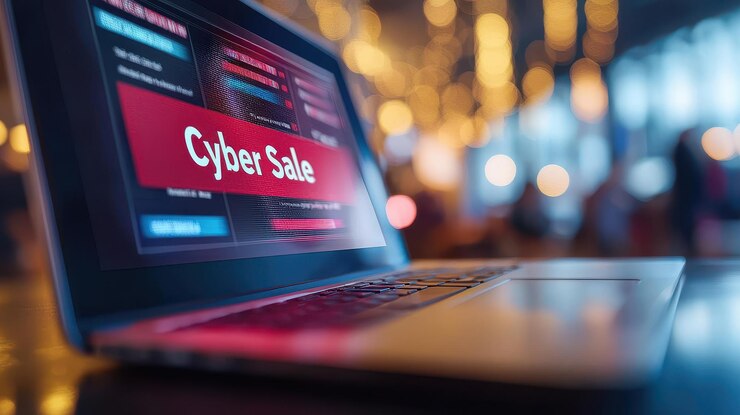 Un portátil que muestra un vibrante anuncio de venta cibernética que evoca emoción y urgencia. El fondo presenta luces bokeh suaves que mejoran la atmósfera festiva.