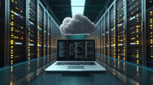 Portátil con símbolo de computación en la nube en la sala de servidores
