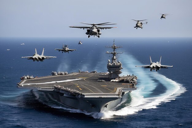 Foto portaviones navegando en el mar con aviones de combate y helicópteros realizando ejercicios atracados