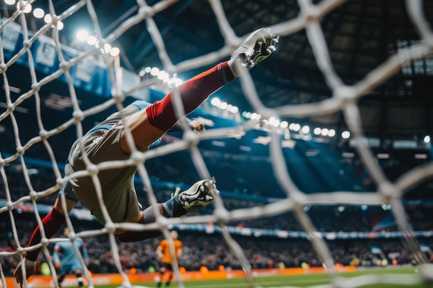 Portero atrapa la pelota Jugador de fútbol pateando una pelota en la red en un partido de fútbol IA generativa