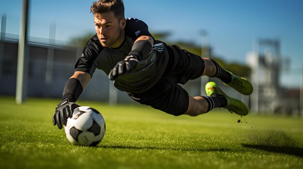 Foto portero de fútbol buceando para un salvamento durante un partido