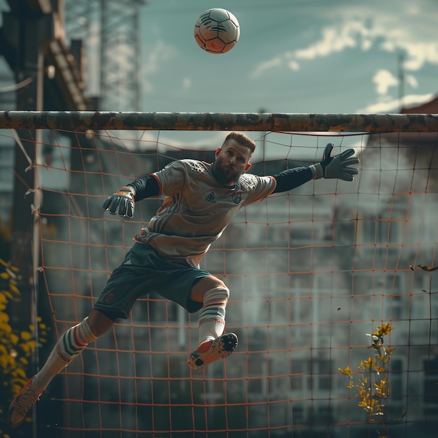 Foto un portero de fútbol está a punto de bloquear una pelota