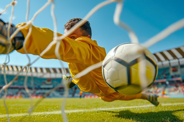 Un portero de un jugador de fútbol en una camiseta amarilla se sumerge para atrapar una pelota de fútbol