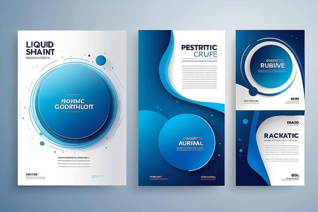 Portfolio-Vektorset mit geometrischem Design. Abstrakte blaue, flüssige Grafik-Gradienten-Kreisform auf der Cover-Buchpräsentation