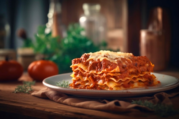 Foto portion hausgemachte lasagne aus gebratenem, saftigem hackfleisch, belegt mit geschmolzenem käse ai