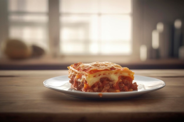 Portion hausgemachte Lasagne aus gebratenem, saftigem Hackfleisch, belegt mit geschmolzenem Käse AI