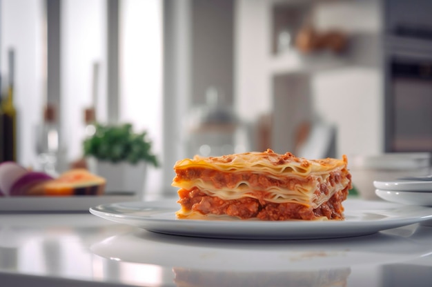 Portion hausgemachte Lasagne aus gebratenem, saftigem Hackfleisch, belegt mit geschmolzenem Käse AI