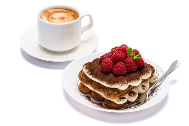 Portion klassisches Tiramisu-Dessert mit Himbeeren auf Keramikplatte