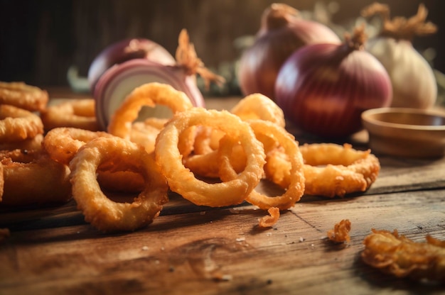 Portion knusprig gebratene Zwiebelringe auf rustikalem Holztisch AI generiert