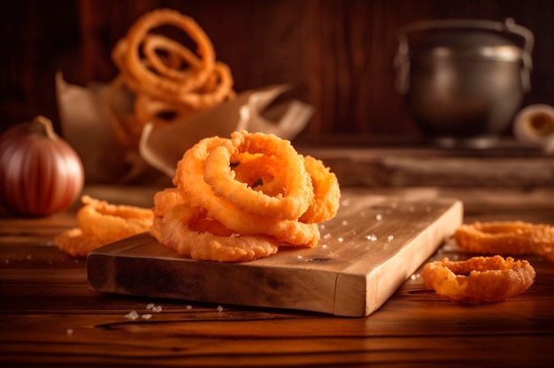 Portion knusprig gebratene Zwiebelringe auf rustikalem Holztisch AI generiert