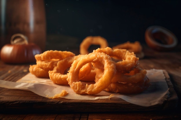 Portion knusprig gebratene Zwiebelringe auf rustikalem Holztisch AI generiert