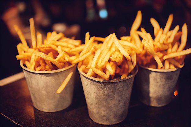 Portionen Pommes Frites in kleinen Pappbechern für einen leckeren schnellen Snack