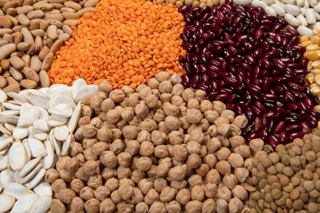 Portionen von verschiedenen Getreidesorten und trockenen essbaren Samen. Beispiele für Faserquellen