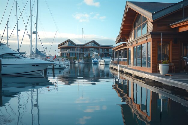 Porto de uma marina com vários edifícios capturados