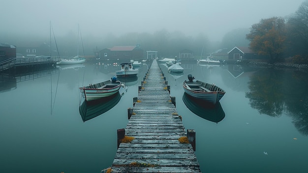 Foto porto nebuloso com barcos ancorados no cais papel de parede