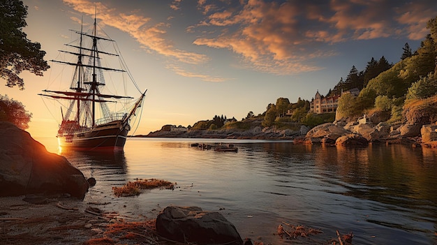 Porto pirata com vista para o antigo veleiro no pôr do sol Generative AI