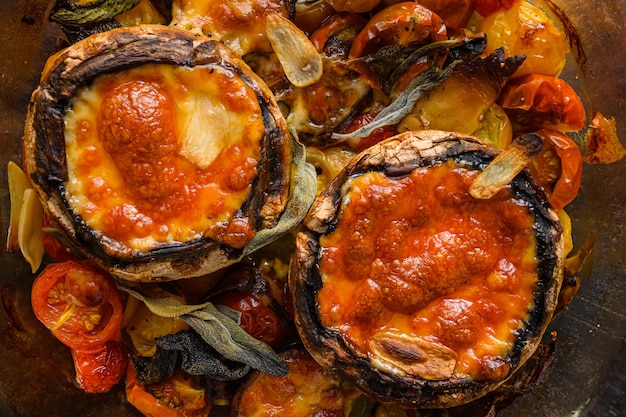 Portobello-Pilze, gebacken mit Cheddar-Käse, Kirschtomaten und Salbei im Glastopf auf altem rustikalem Metalldunkelhintergrund Draufsicht Nahaufnahme.