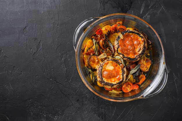 Portobello-Pilze, gebacken mit Cheddar-Käse, Kirschtomaten und Salbei im Glastopf