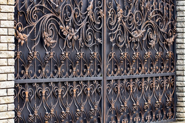 Portões de ferro forjado, forjamento ornamental, close-up de elementos forjados.