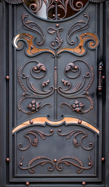 Portões de ferro forjado, forjamento ornamental, close-up de elementos forjados.