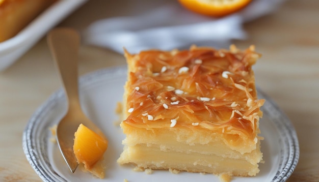 Foto portokalopita bolo de laranja phyllo grego em uma frigideira