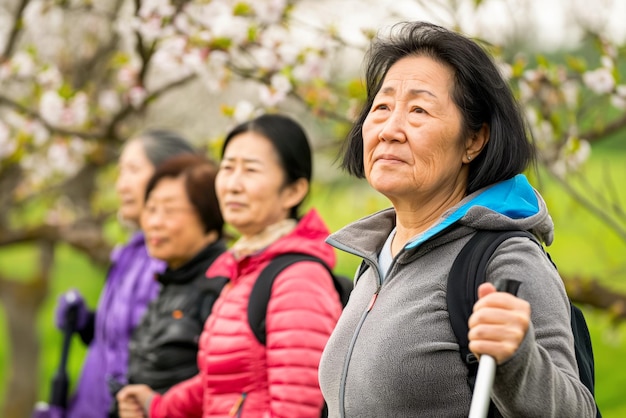 Porträt älterer Frauen beim Gehen, die die blühenden Sakura-Bäume bewundern, die Leidenschaft für das nordische Wasser