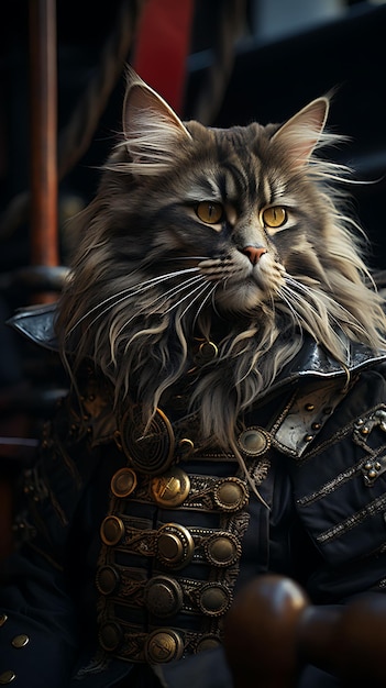 Porträt der abenteuerlustigen Katze Maine Coon Piratenschiff Kapitän Kostüm Tr Mode Design Kostüm Kunst