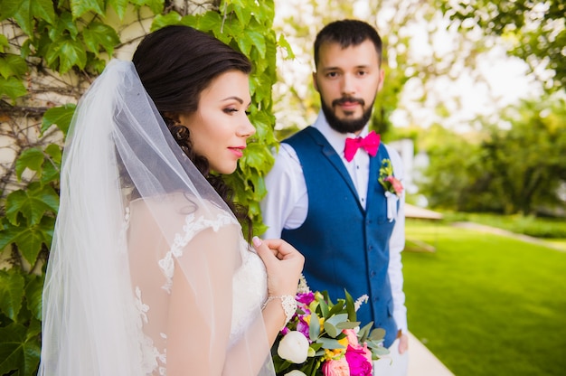 Porträt der atemberaubenden brünetten verschleierten Braut mit einem Bräutigam auf Hintergrund