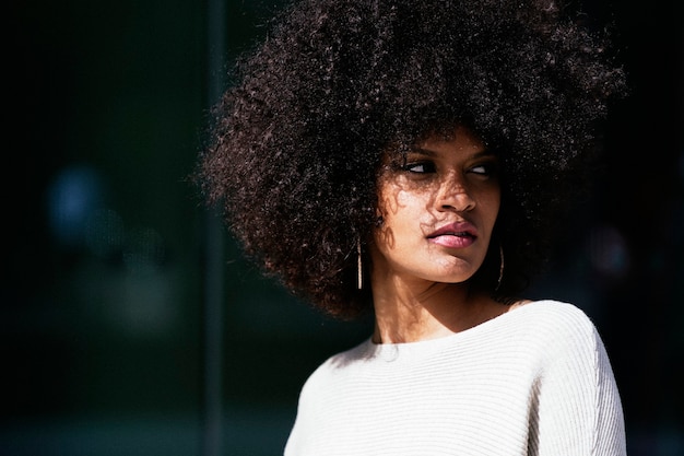 Porträt der attraktiven Afrofrau herein über der Wand. Frisurenkonzept