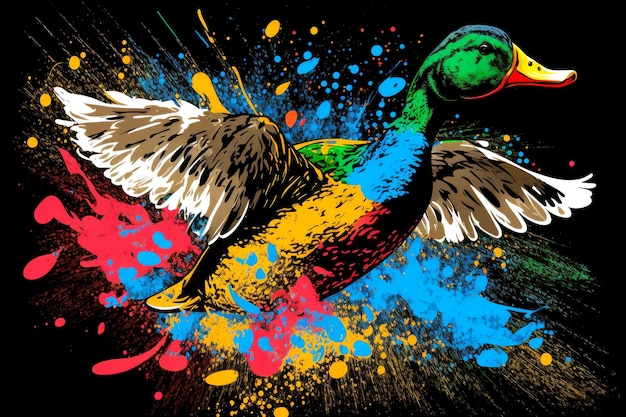 Porträt der Ente im Pop-Art-Stil fliegende Farben Ausdruck generative ai Illustration
