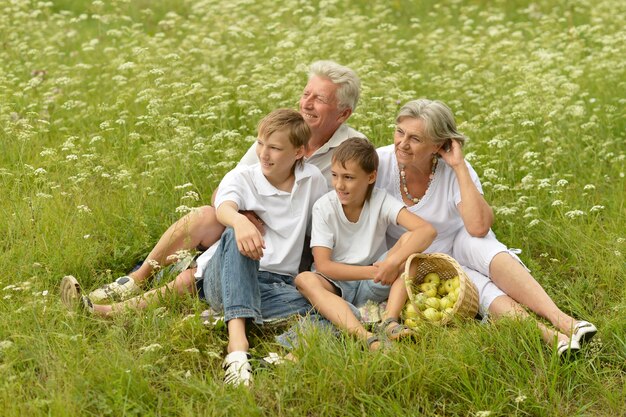 Porträt der glücklichen Familie im Sommerwald