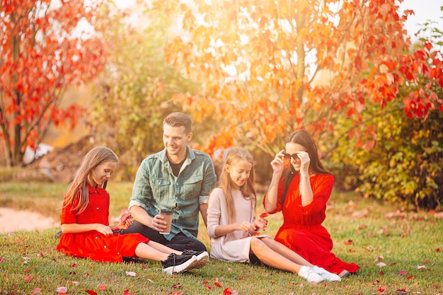 Porträt der glücklichen vierköpfigen Familie am Herbsttag