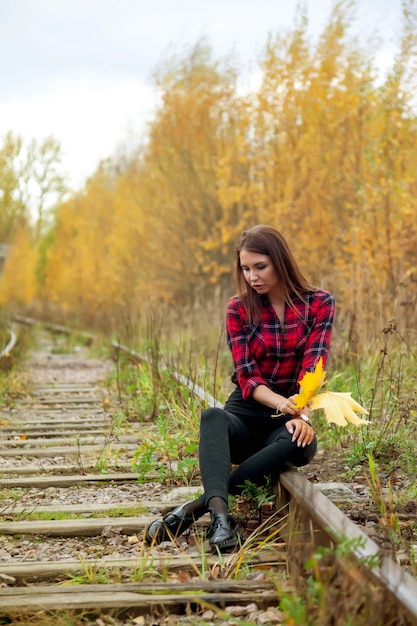 Porträt der hübschen jungen Frau des slawischen Aussehens im dunklen Kleid im Herbst, im Wald mit Eisenbahn gelegen