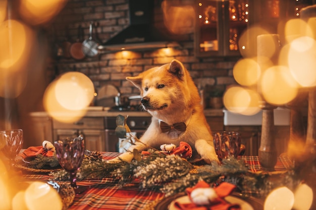 Porträt der japanischen fröhlichen Hunderasse Akita Inu mit Fliege in der weihnachtlich dekorierten Lodge