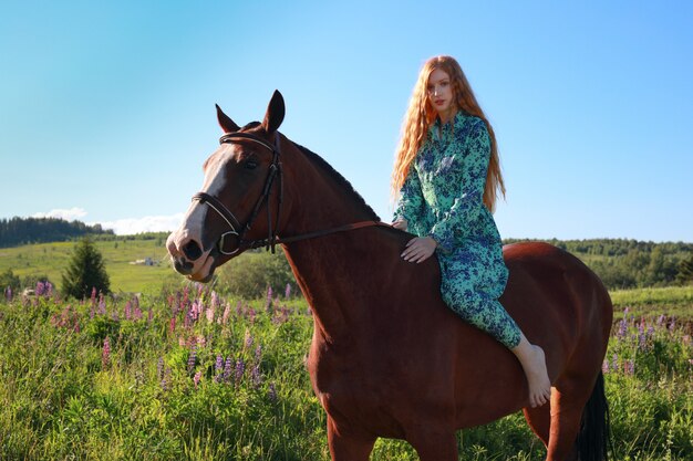 Porträt der jungen hübschen fröhlichen Frau mit Pferd am Sommergrünpark