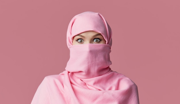 Porträt der jungen muslimischen arabischen Frau, die bunten Hijab trägt. Zeigt mit dem Finger zur Seite.