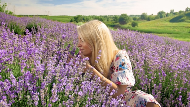 Porträt der lächelnden jungen Frau, die Blumen auf Lavendelfeld in der Provence riecht.