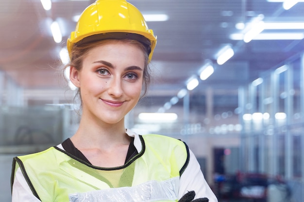 Porträt der schönen Arbeiterin des Ingenieurs steht mit Zuversicht