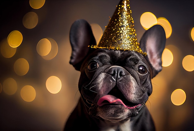 Porträt der süßen, fröhlichen französischen Bulldogge auf der Feierparty mit Bokeh-Licht und Konfetti im dunklen Hintergrund Generative KI