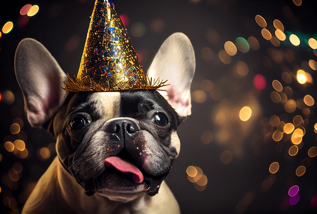 Porträt der süßen, fröhlichen französischen Bulldogge auf der Feierparty mit Bokeh-Licht und Konfetti im dunklen Hintergrund Generative KI