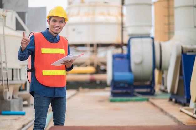 Porträt des asiatischen Ingenieurbaukonzepts Asiatischer Ingenieur auf der Baustelle Arbeiter beim Bauen Bauarbeiterhelm selbstbewusste Kopie der Spezifikation Arbeiter im Sicherheitsanzug bei der Arbeit