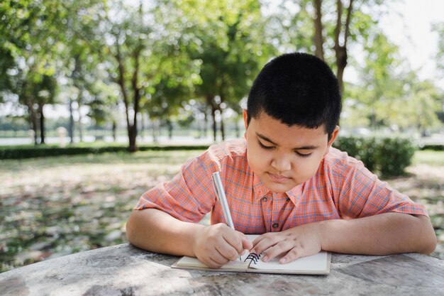 Porträt des asiatischen Jungen schreibend in Tagebuch im grünen Park im Freien