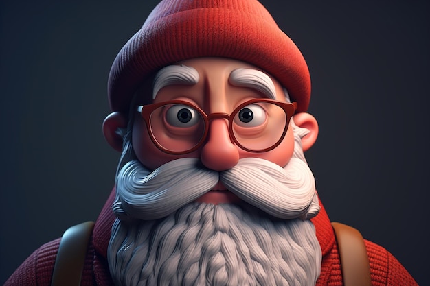 Porträt des bärtigen grauenhaarigen lustigen Weihnachtsmanns in roter Brille und Hut Großvater mit überraschtem Gesichtsausdruck, der in die Kamera schaut Volumetrische komische Doodle-Illustration der Generativen KI