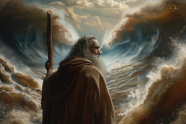 Porträt des biblischen Hintergrundbildes von Moses, der das Meer mit seinem Stock teilt, eine Darstellung der göttlichen Macht und Befreiung mit hohen Wassermauern, die sich trennen, um einen Weg des Schicksals zu offenbaren